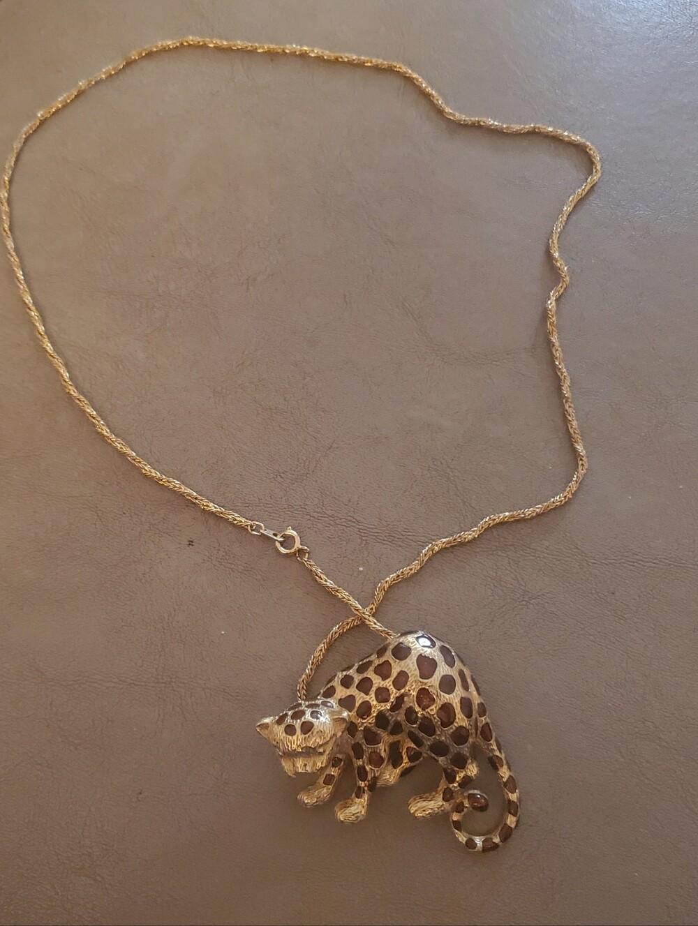Gold Leopard Pendant Necklace with Brown Enamel Accents